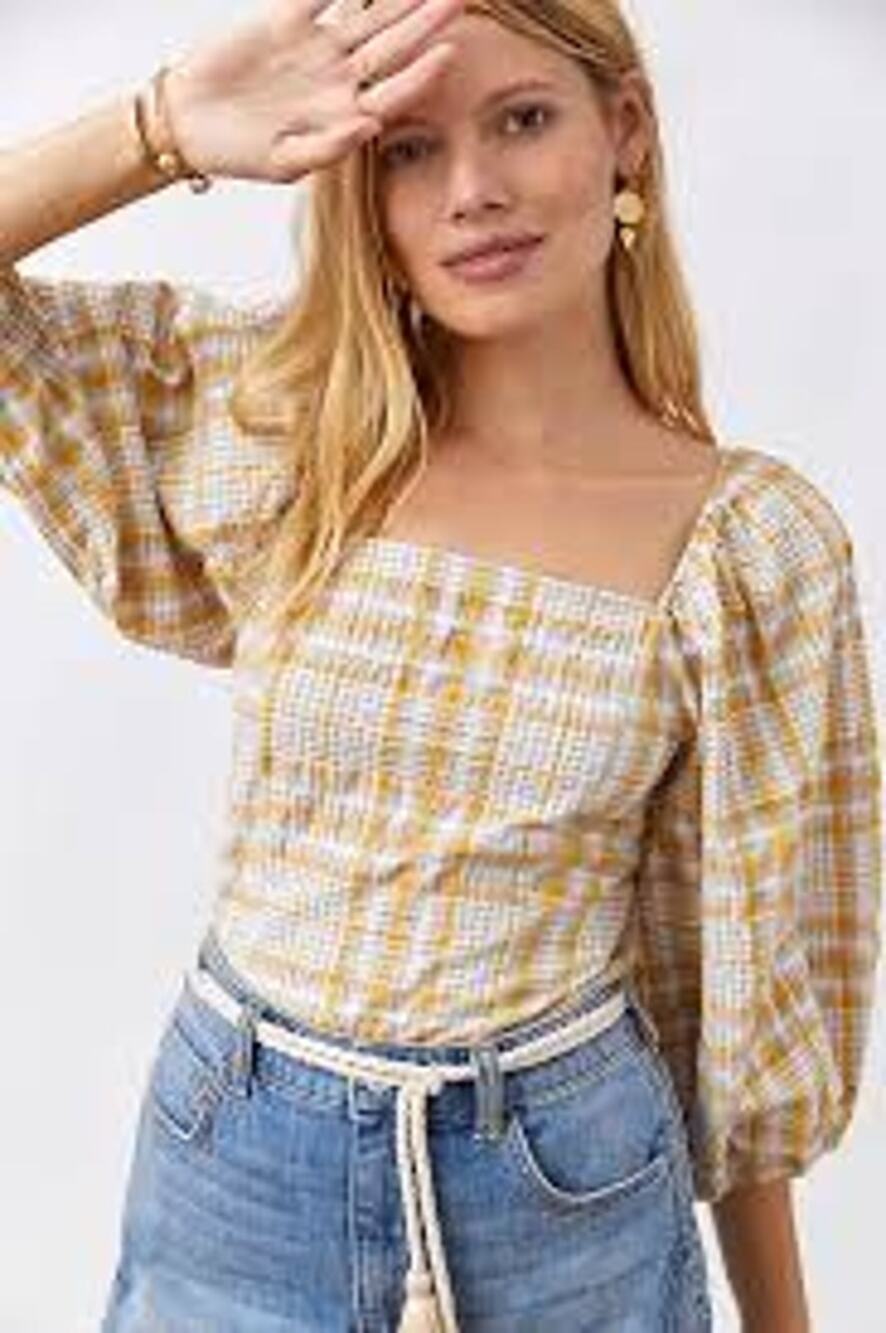 Maeve Anthropologie Plaid Square-Neck Blouse